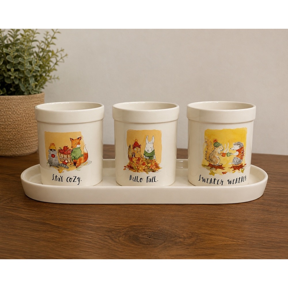 Rae Dunn Hello Fall Stay Cozy Sweater Weather Ceramic 3 Pot Planter Set Tray